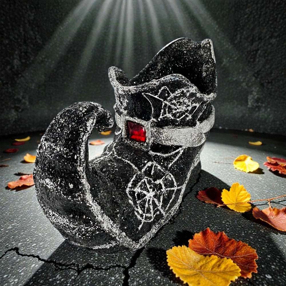 Greenbrier International Witch Shoe Decor 7.5in Black Silver Spiderweb Glitter